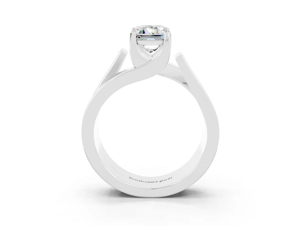 Silver Modern Tension Set Emerald Cut Moissanite Solitaire Wide Band Ring