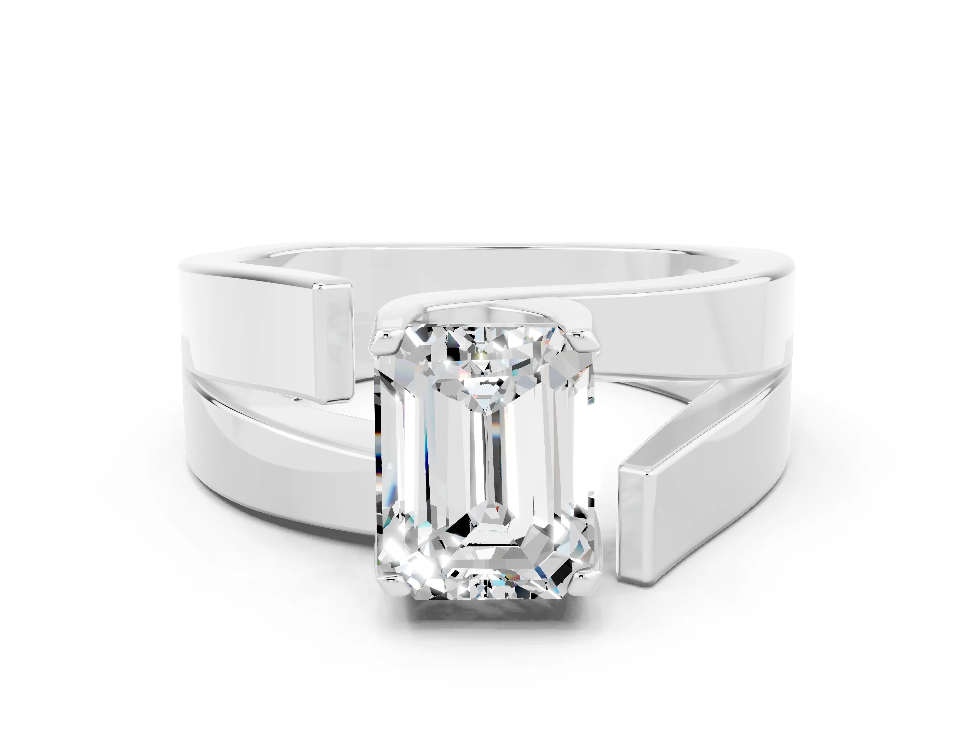 White gold Modern Tension Set Emerald Cut Moissanite Solitaire Wide Band Ring_24