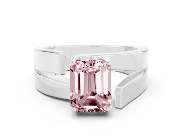 Platinum Modern Tension Set Emerald Cut Morganite Solitaire Wide Band Ring