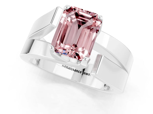 Silver Modern Tension Set Emerald Cut Morganite Solitaire Wide Band Ring