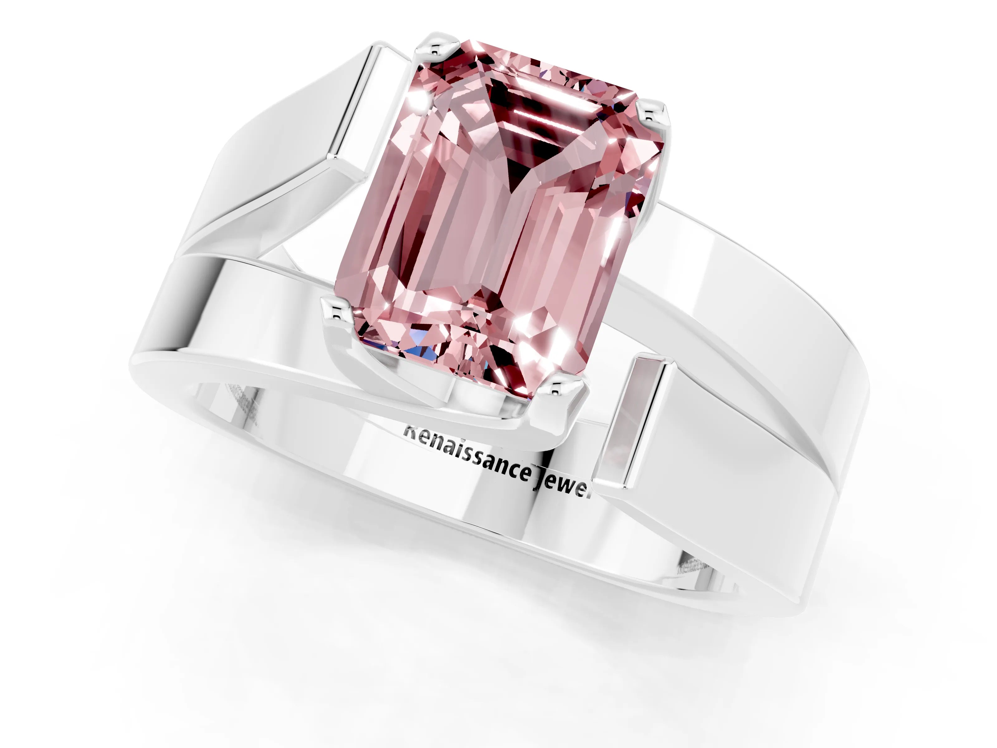 White gold Modern Tension Set Emerald Cut Morganite Solitaire Wide Band Ring_1