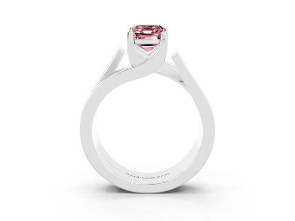Platinum Modern Tension Set Emerald Cut Morganite Solitaire Wide Band Ring
