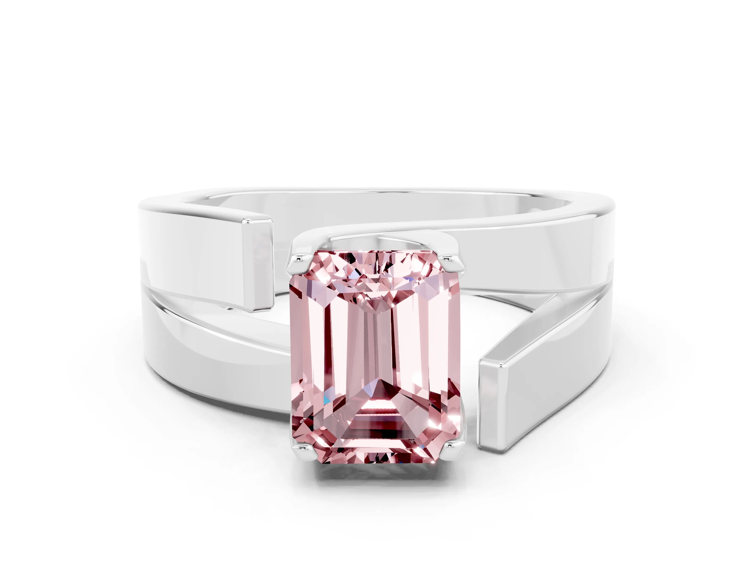 White gold Modern Tension Set Emerald Cut Morganite Solitaire Wide Band Ring