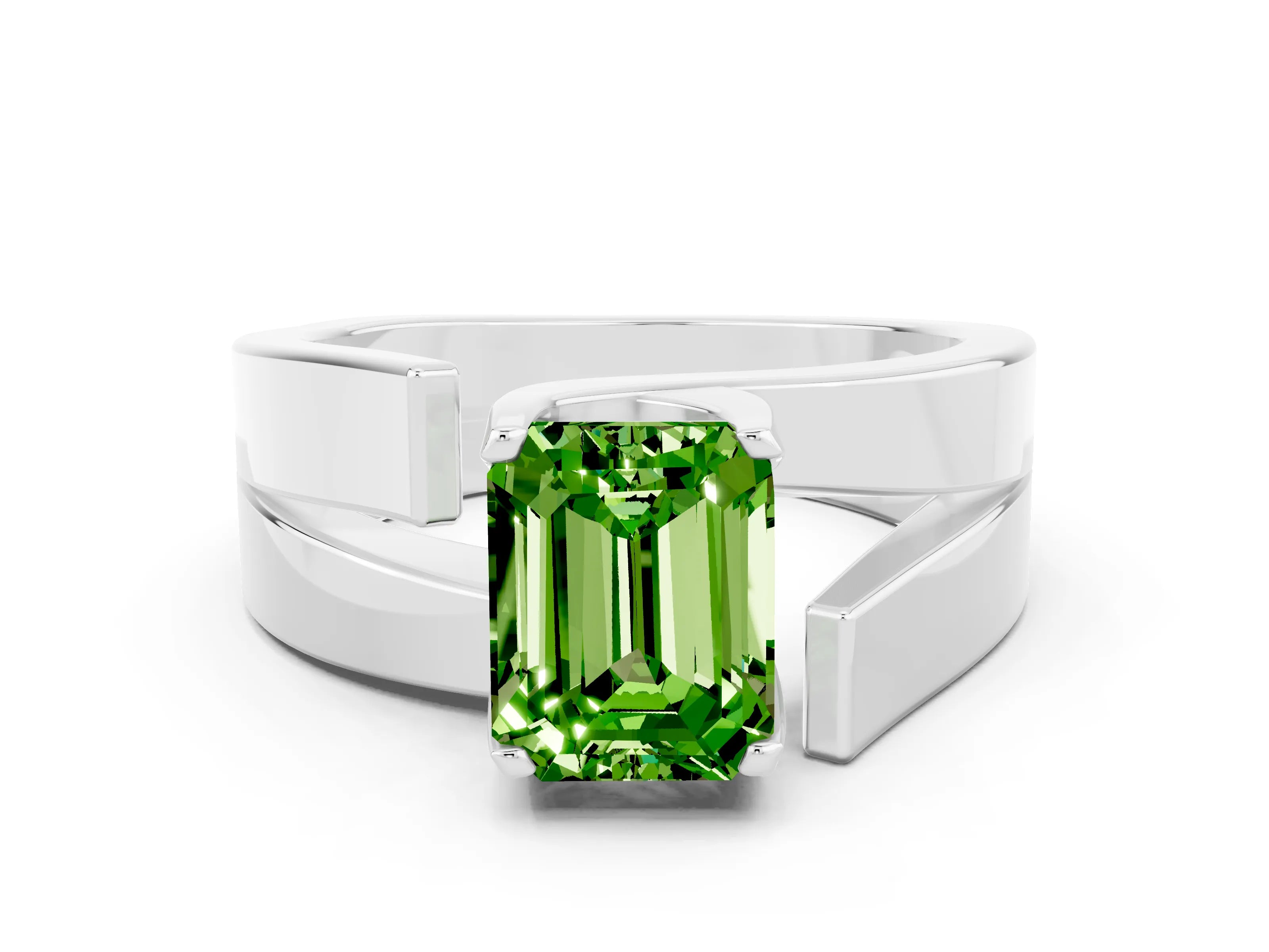 White gold Modern Tension Set Emerald Cut Peridot Solitaire Wide Band Ring