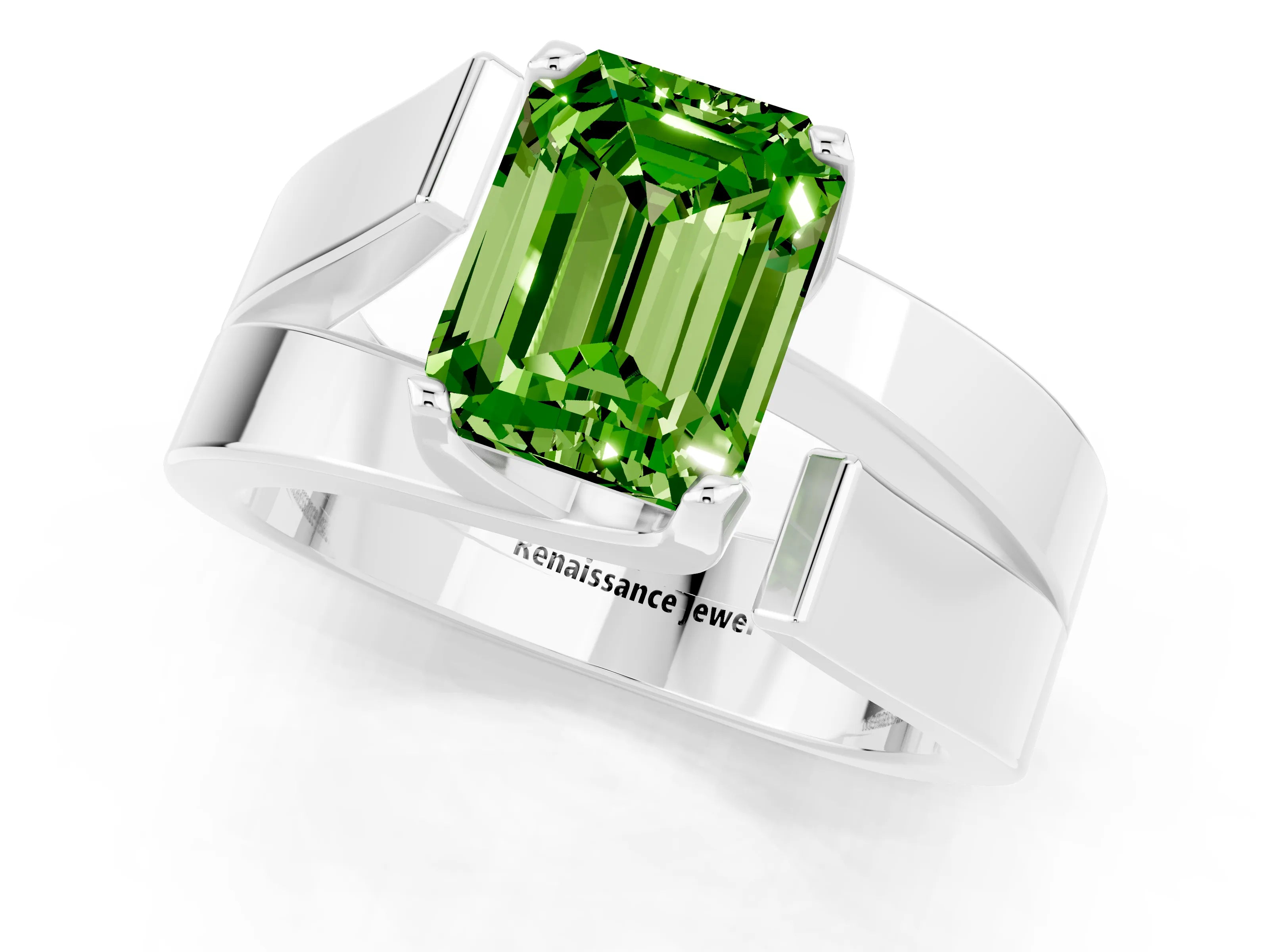 White gold Modern Tension Set Emerald Cut Peridot Solitaire Wide Band Ring_1