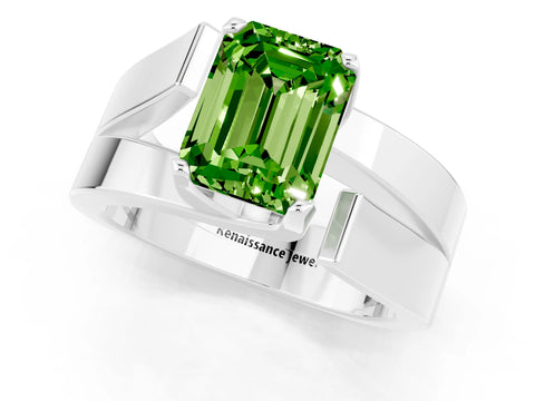 White gold Modern Tension Set Emerald Cut Peridot Solitaire Wide Band Ring_1