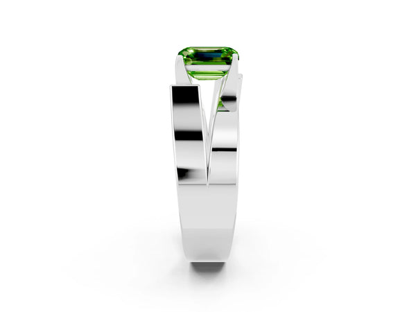 Platinum Modern Tension Set Emerald Cut Peridot Solitaire Wide Band Ring