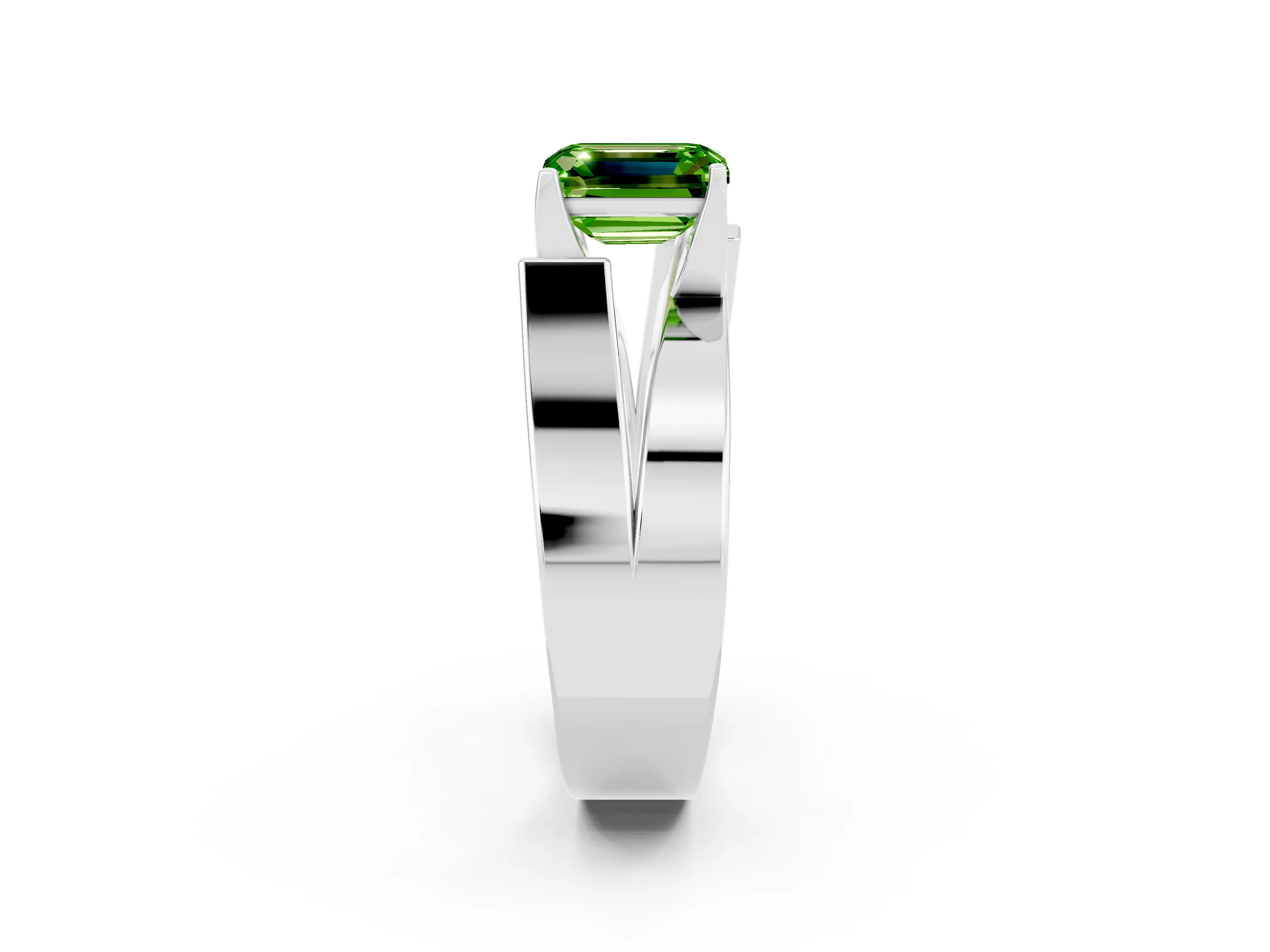 White gold Modern Tension Set Emerald Cut Peridot Solitaire Wide Band Ring_2