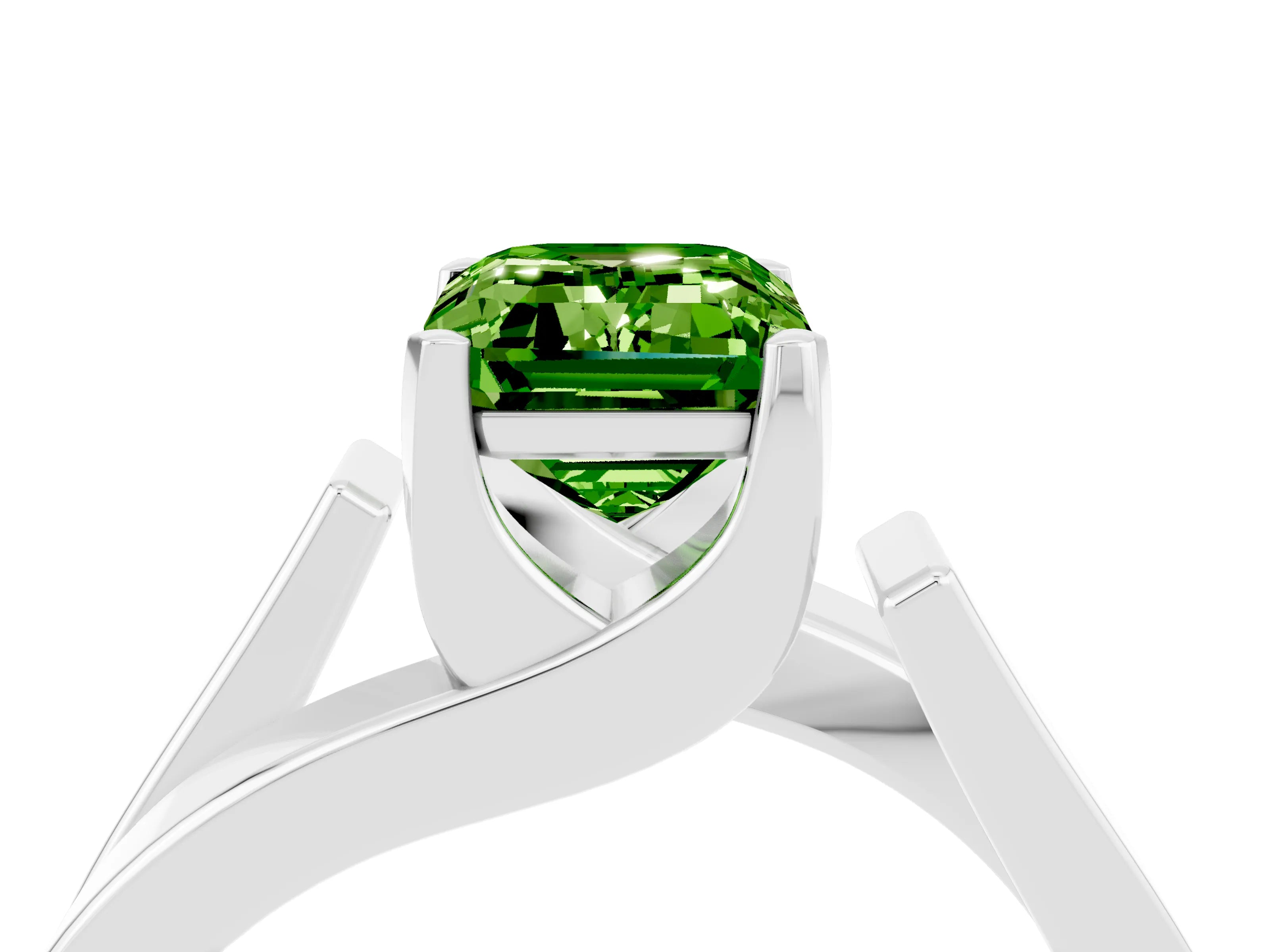 White gold Modern Tension Set Emerald Cut Peridot Solitaire Wide Band Ring_4