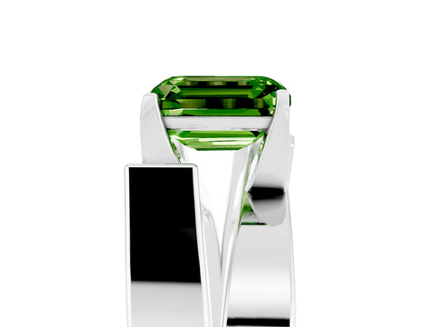 White gold Modern Tension Set Emerald Cut Peridot Solitaire Wide Band Ring_5