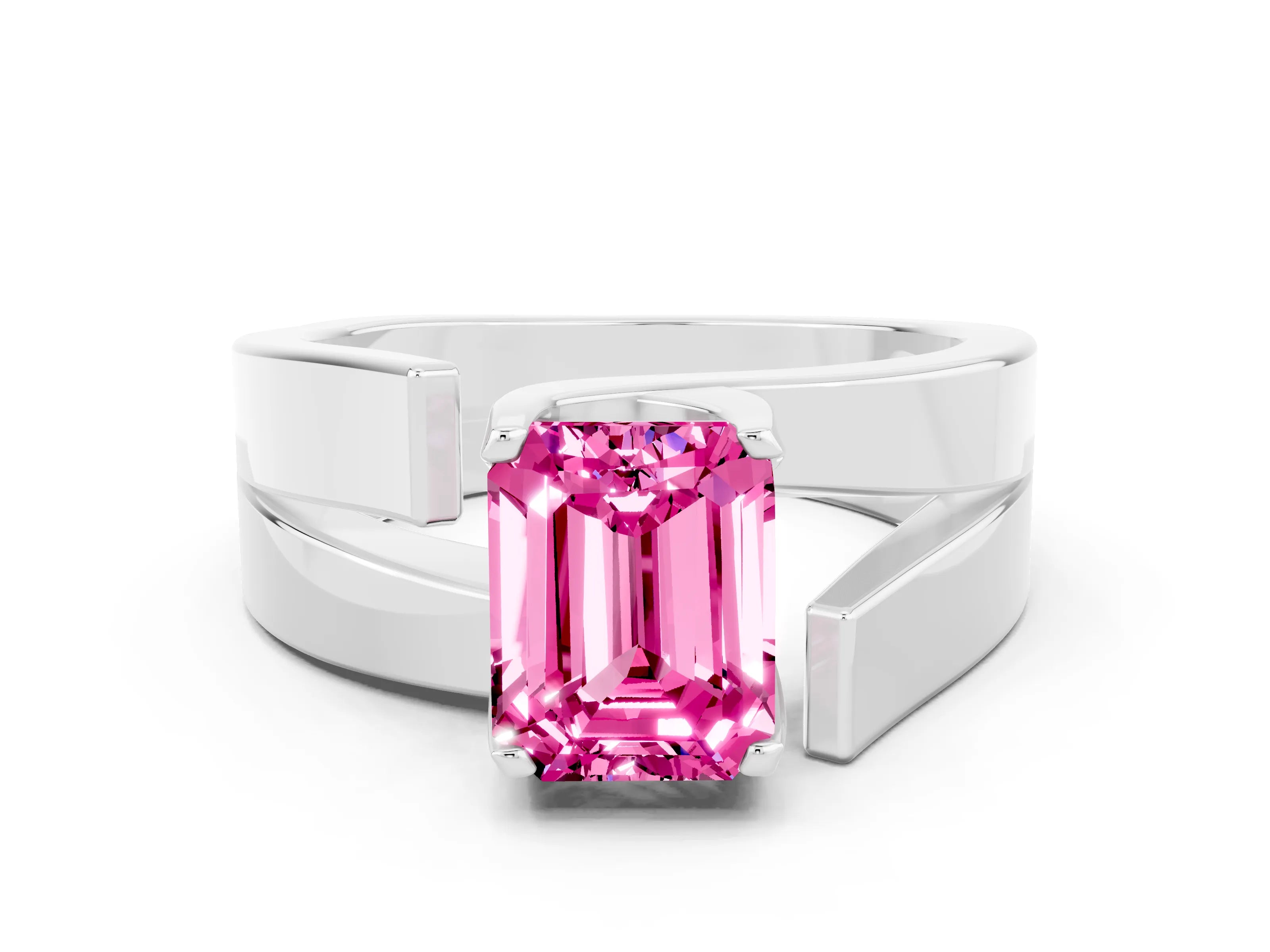 White gold Modern Tension Set Emerald Cut Pink Sapphire Solitaire Wide Band Ring_12