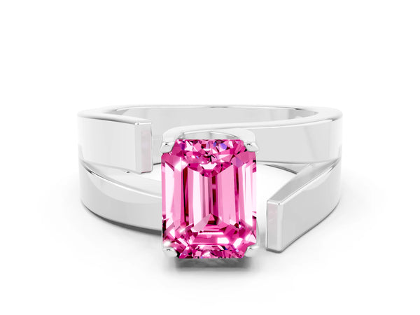 White gold Modern Tension Set Emerald Cut Pink Sapphire Solitaire Wide Band Ring