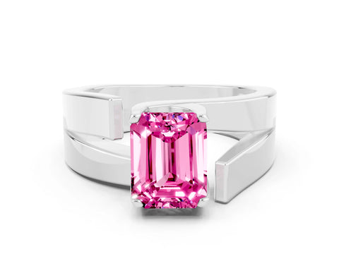 White gold Modern Tension Set Emerald Cut Pink Sapphire Solitaire Wide Band Ring_12