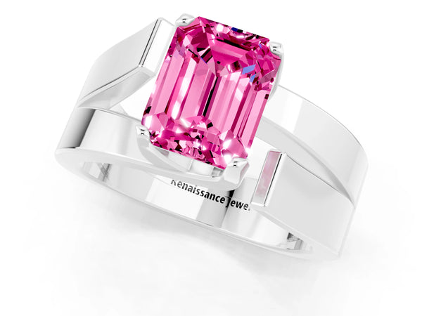 Platinum Modern Tension Set Emerald Cut Pink Sapphire Solitaire Wide Band Ring