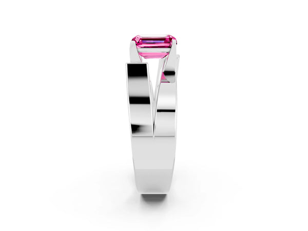 Platinum Modern Tension Set Emerald Cut Pink Sapphire Solitaire Wide Band Ring