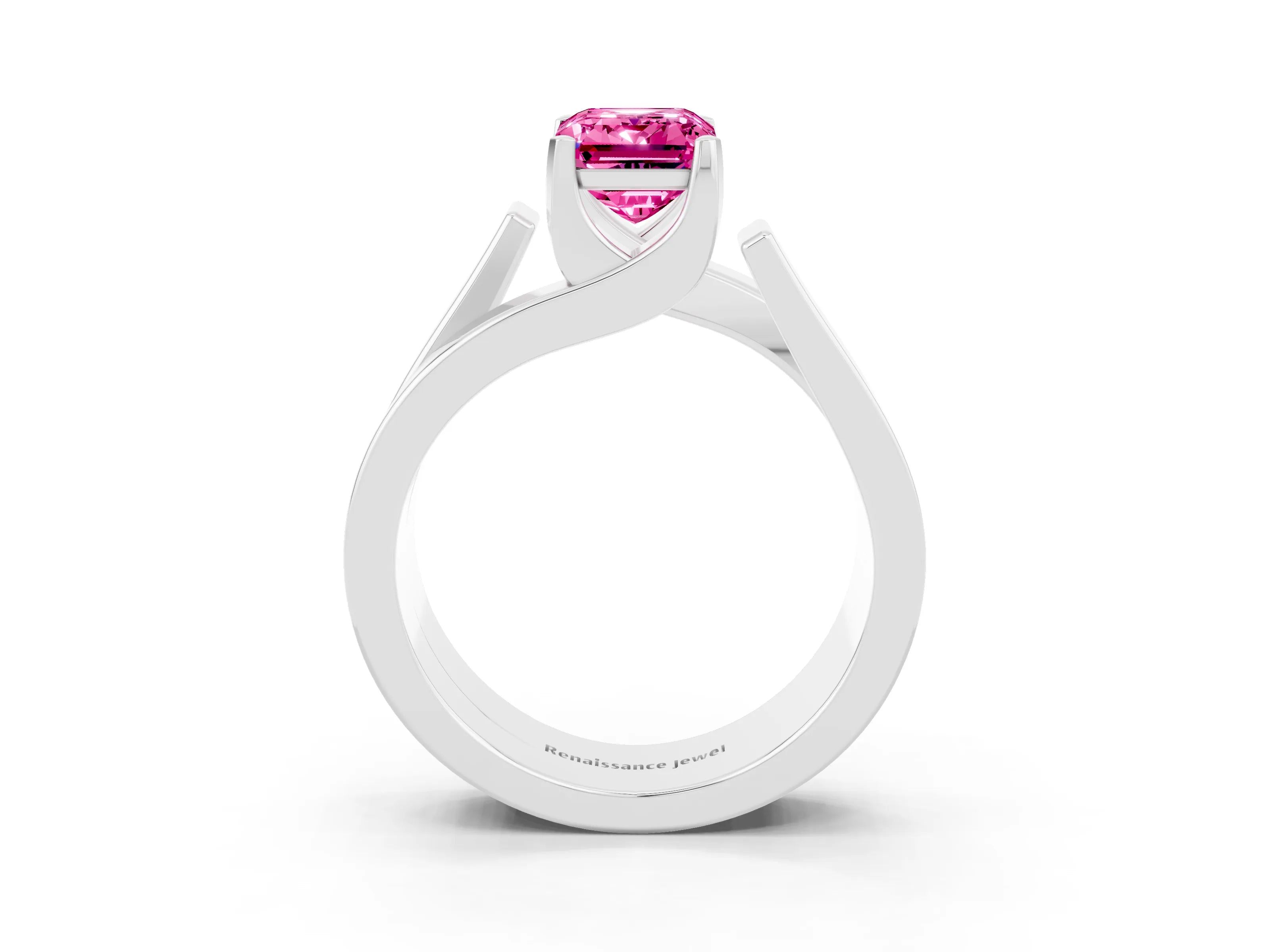 White gold Modern Tension Set Emerald Cut Pink Sapphire Solitaire Wide Band Ring_15