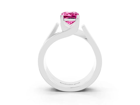 White gold Modern Tension Set Emerald Cut Pink Sapphire Solitaire Wide Band Ring_15