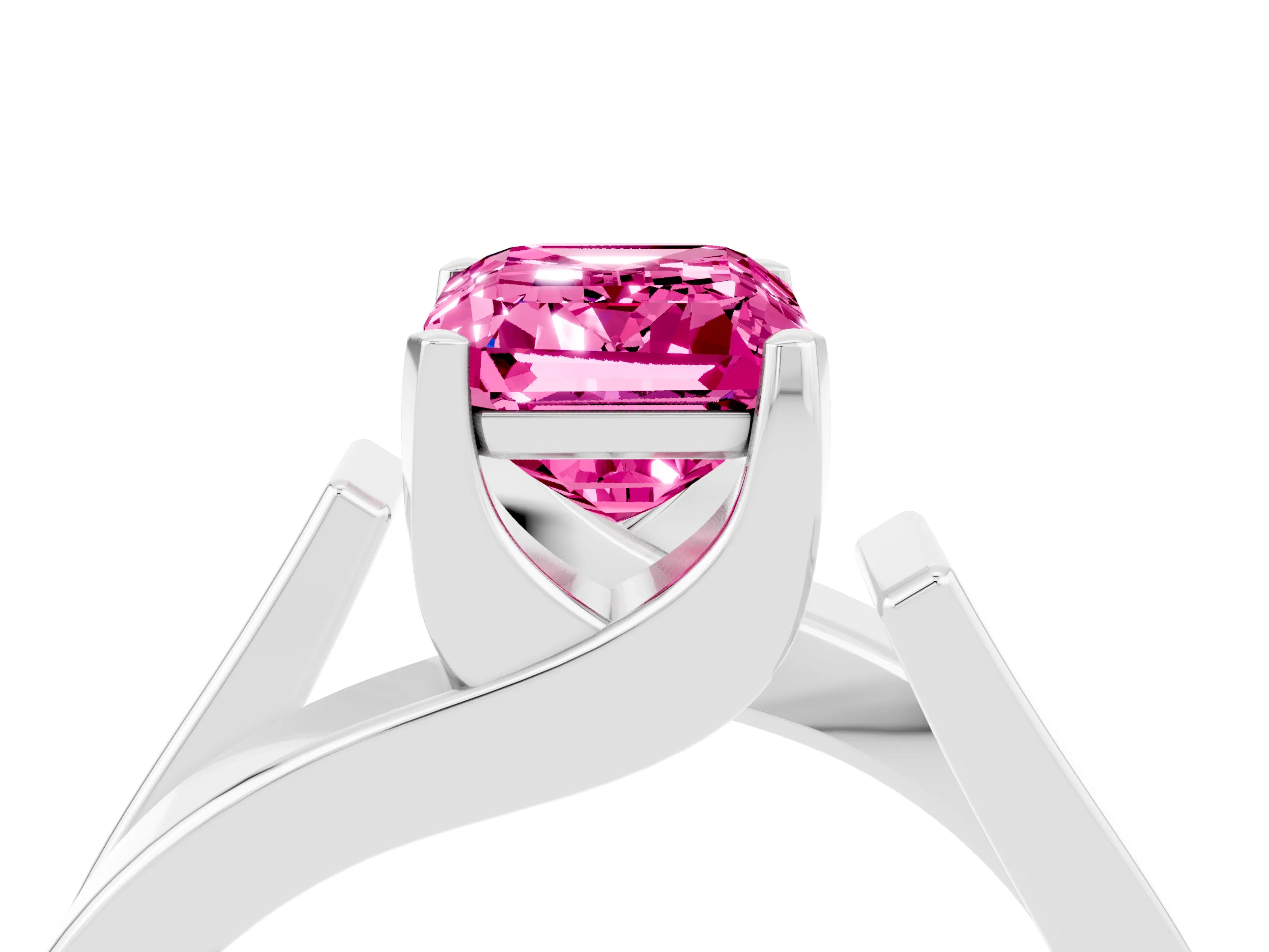 White gold Modern Tension Set Emerald Cut Pink Sapphire Solitaire Wide Band Ring_16