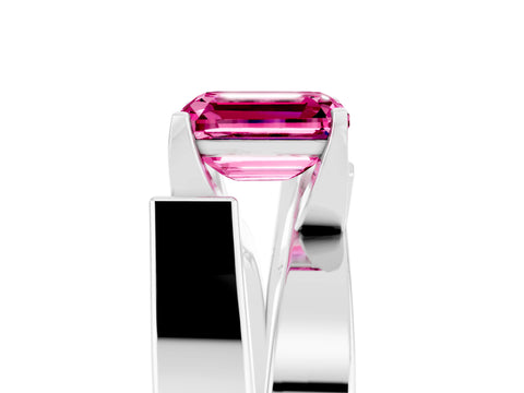 White gold Modern Tension Set Emerald Cut Pink Sapphire Solitaire Wide Band Ring_17