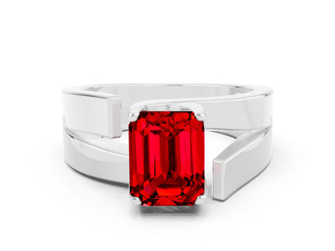 White gold Modern Tension Set Emerald Cut Ruby Solitaire Wide Band Ring_18