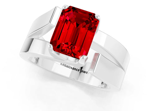 White gold Modern Tension Set Emerald Cut Ruby Solitaire Wide Band Ring_19