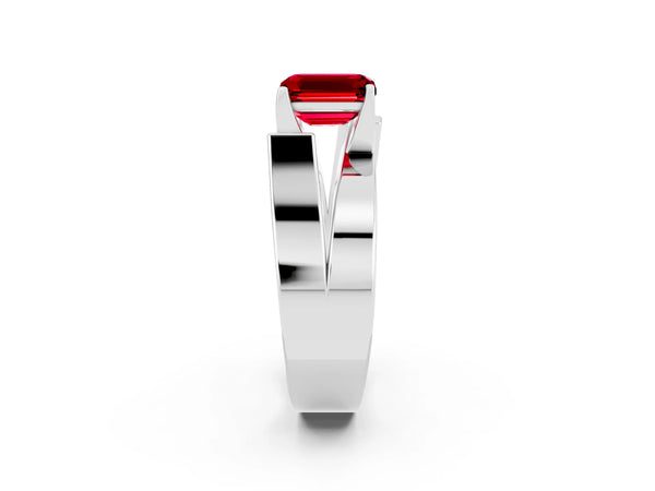 White gold Modern Tension Set Emerald Cut Ruby Solitaire Wide Band Ring