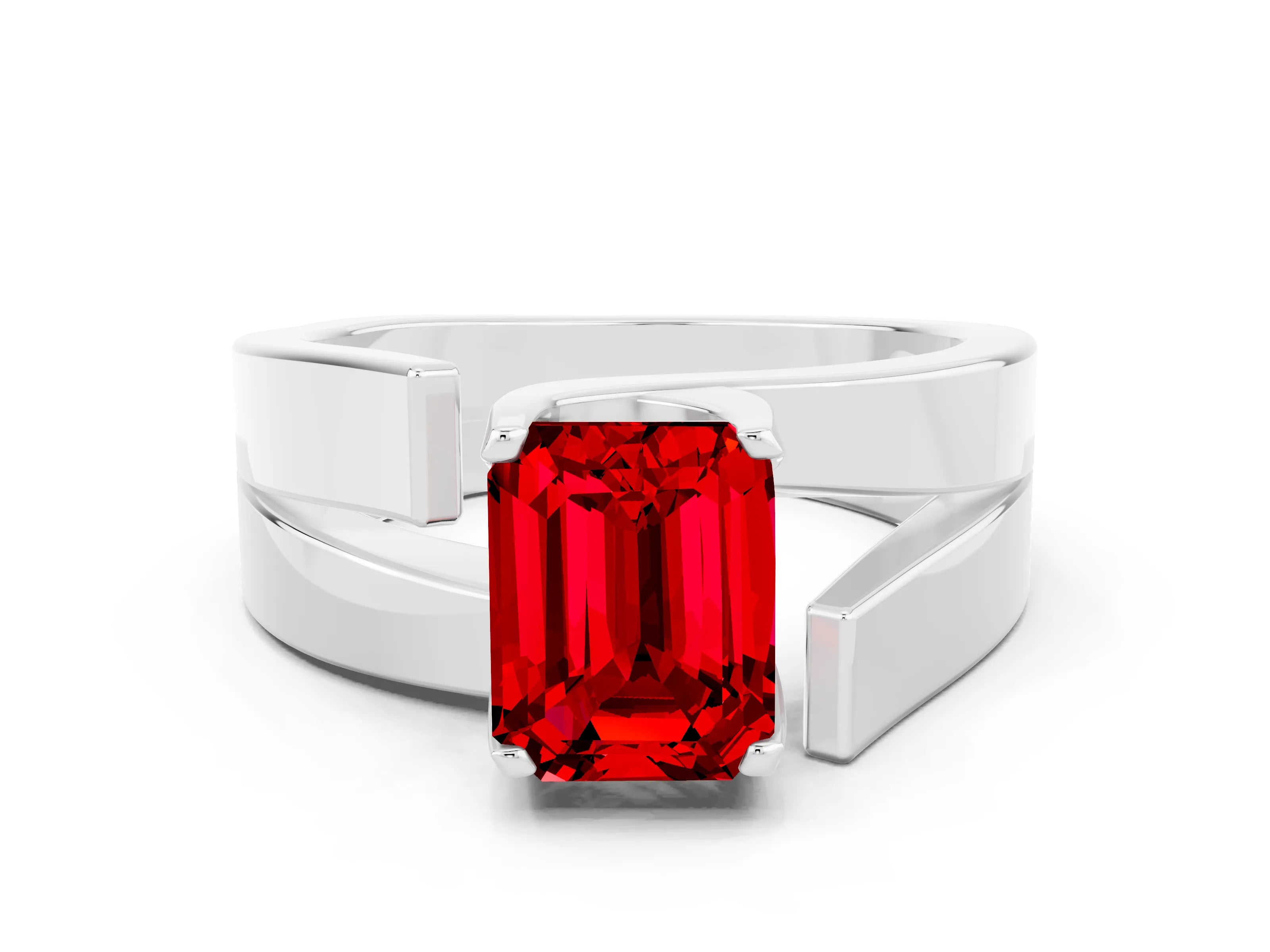 White gold Modern Tension Set Emerald Cut Ruby Solitaire Wide Band Ring_23