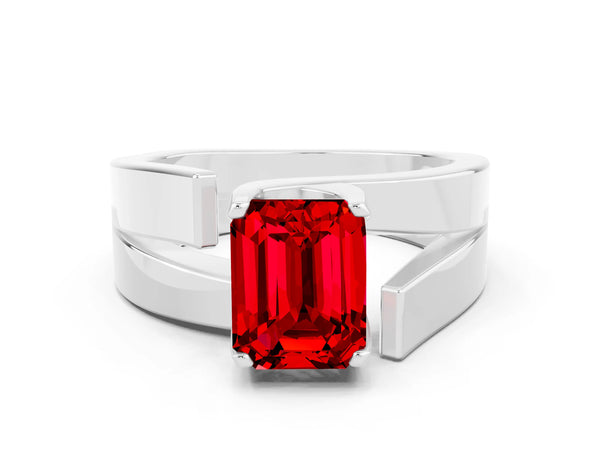 Platinum Modern Tension Set Emerald Cut Ruby Solitaire Wide Band Ring