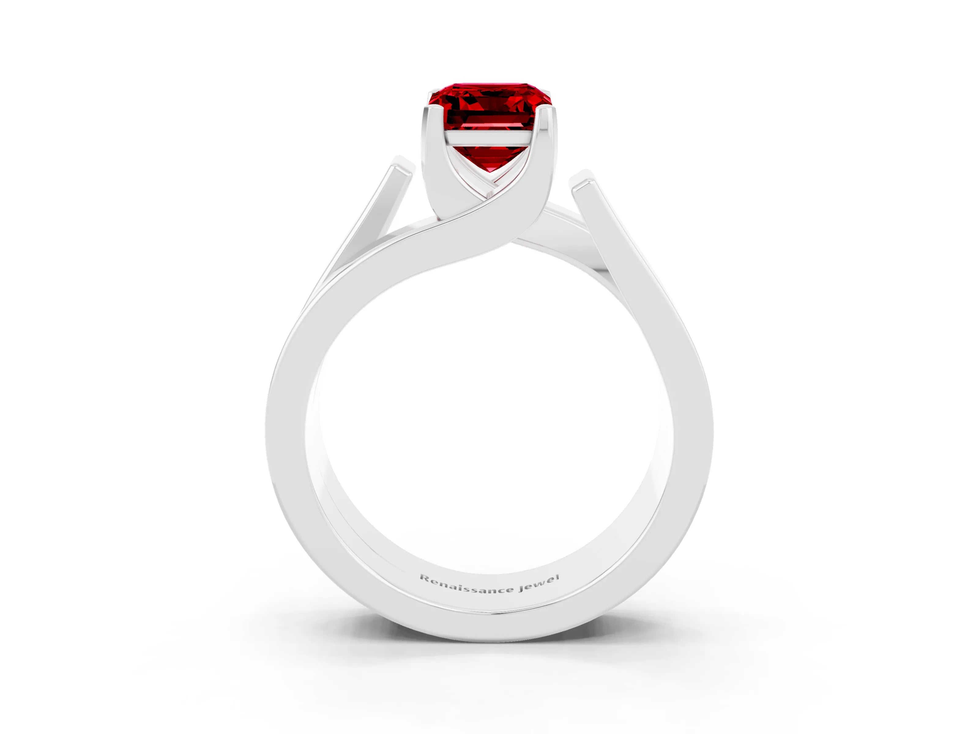 White gold Modern Tension Set Emerald Cut Ruby Solitaire Wide Band Ring_26