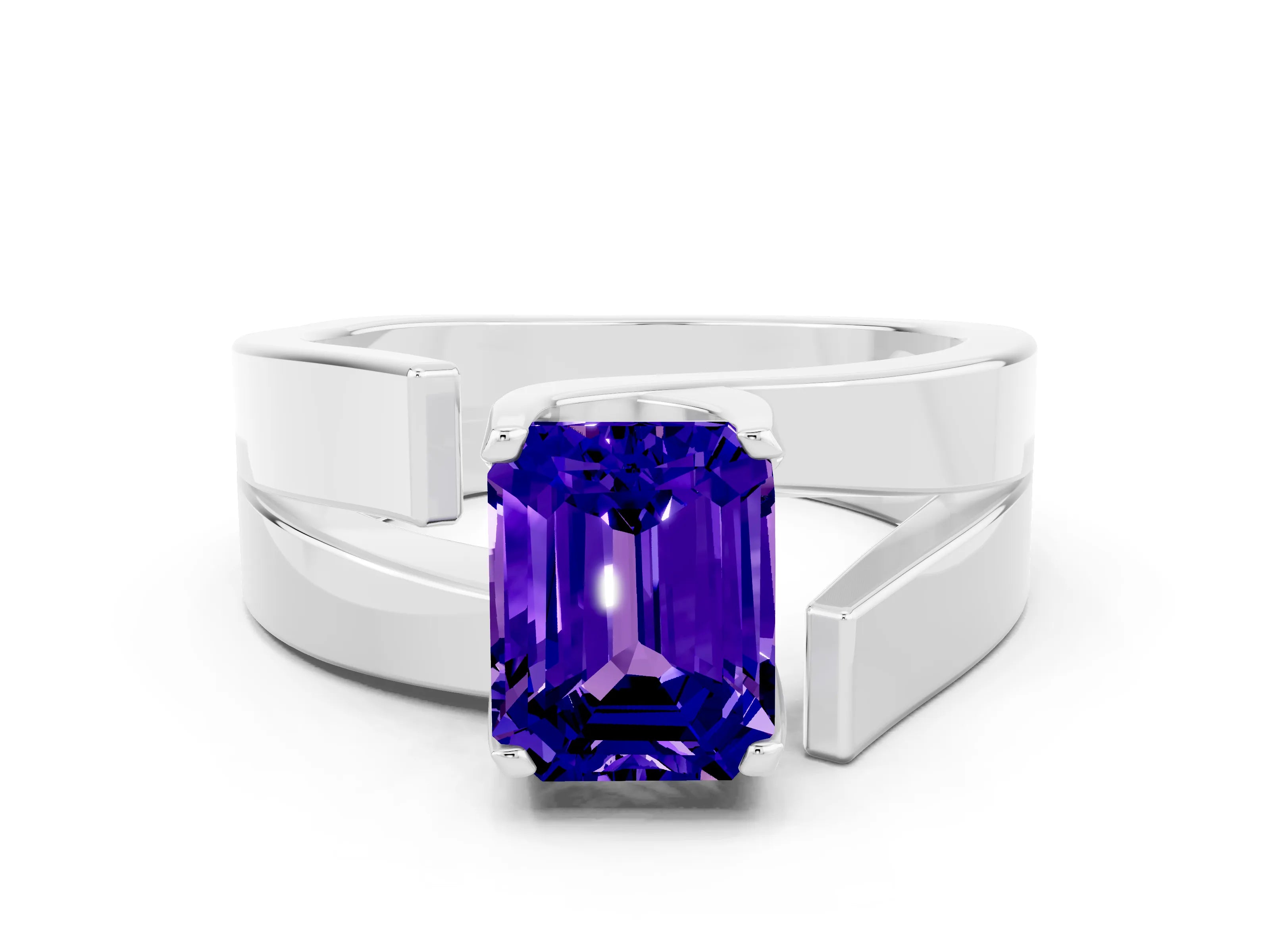 White gold Modern Tension Set Emerald Cut Tanzanite Solitaire Wide Band Ring