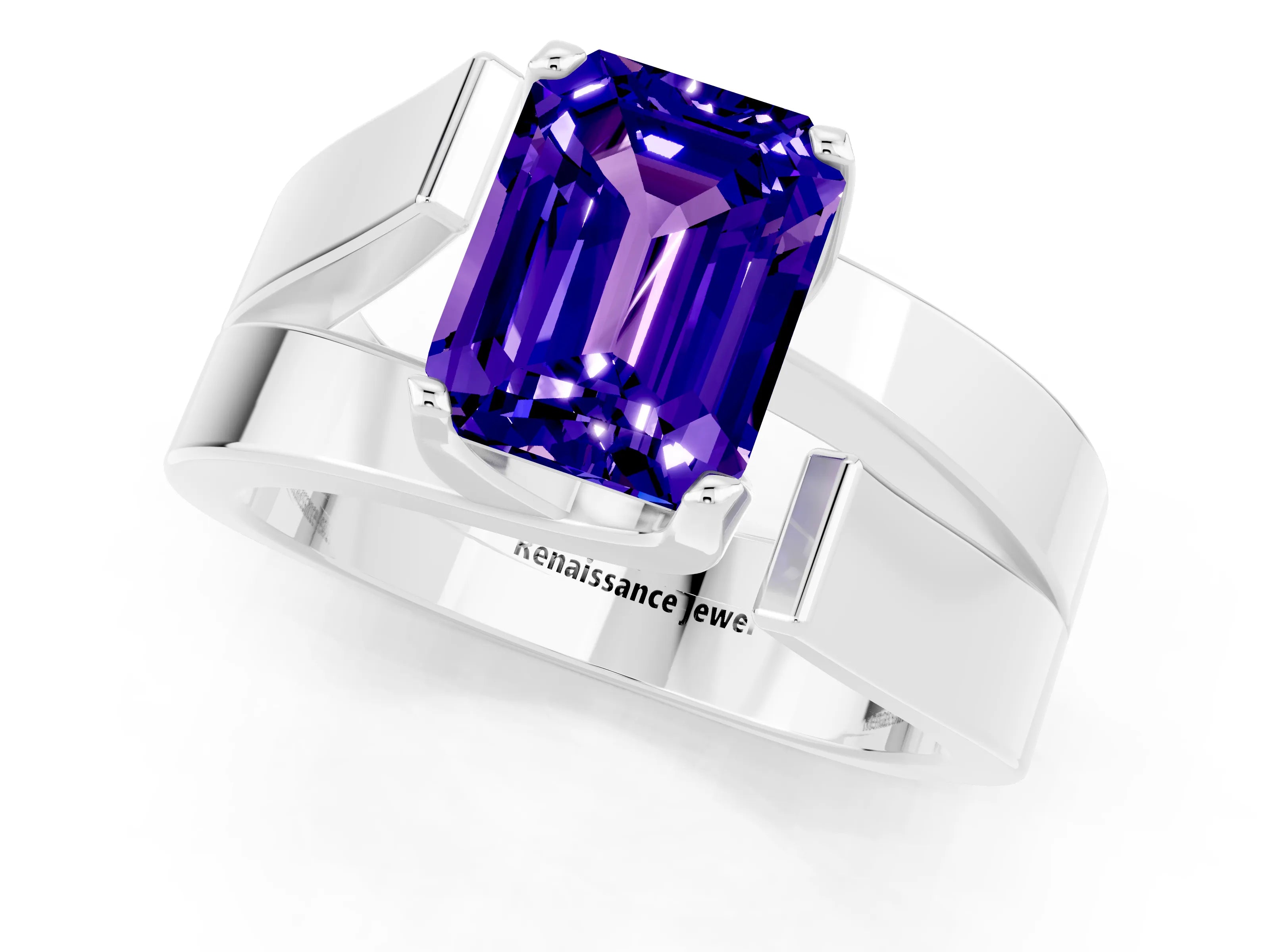 White gold Modern Tension Set Emerald Cut Tanzanite Solitaire Wide Band Ring_1