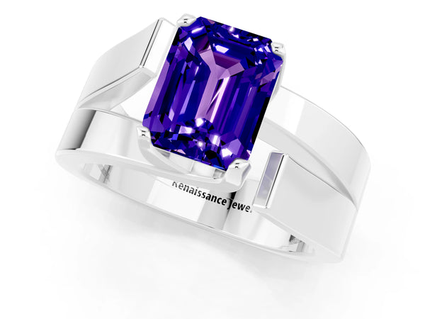 Silver Modern Tension Set Emerald Cut Tanzanite Solitaire Wide Band Ring