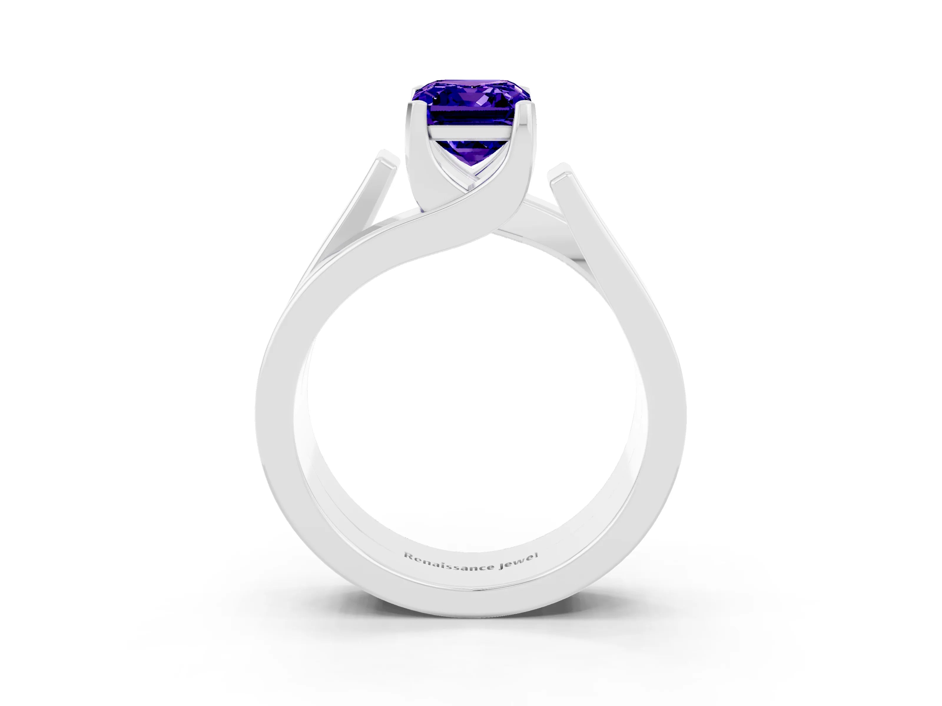 White gold Modern Tension Set Emerald Cut Tanzanite Solitaire Wide Band Ring_3