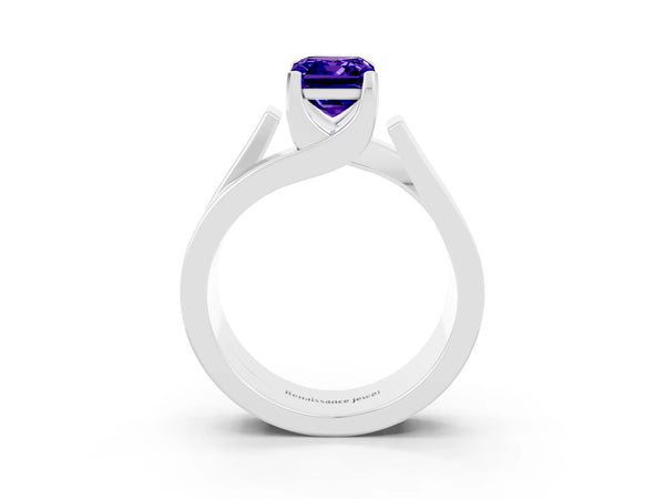Silver Modern Tension Set Emerald Cut Tanzanite Solitaire Wide Band Ring
