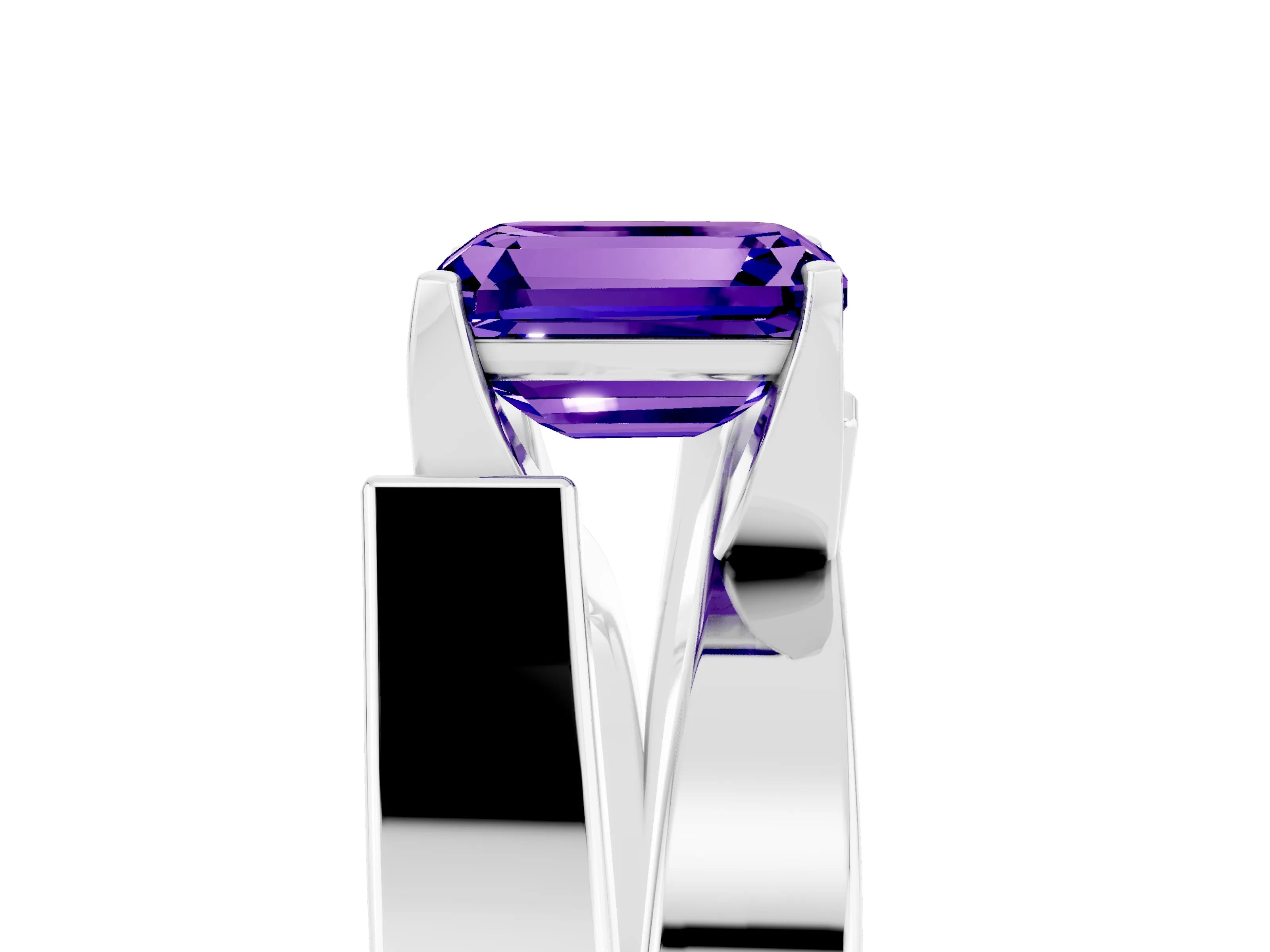 White gold Modern Tension Set Emerald Cut Tanzanite Solitaire Wide Band Ring_5
