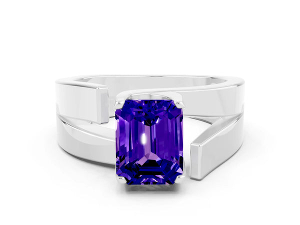 White gold Modern Tension Set Emerald Cut Tanzanite Solitaire Wide Band Ring