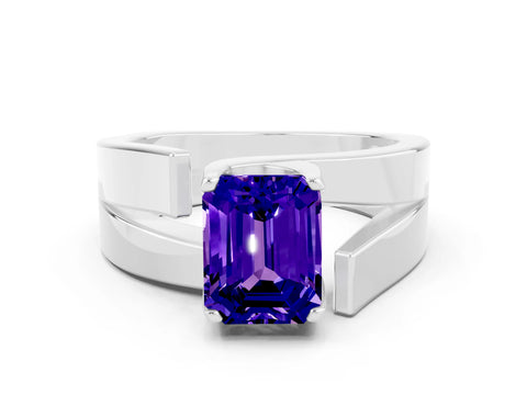 White gold Modern Tension Set Emerald Cut Tanzanite Solitaire Wide Band Ring