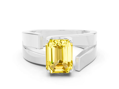 White gold Modern Tension Set Emerald Cut Yellow Sapphire Solitaire Wide Band Ring_12