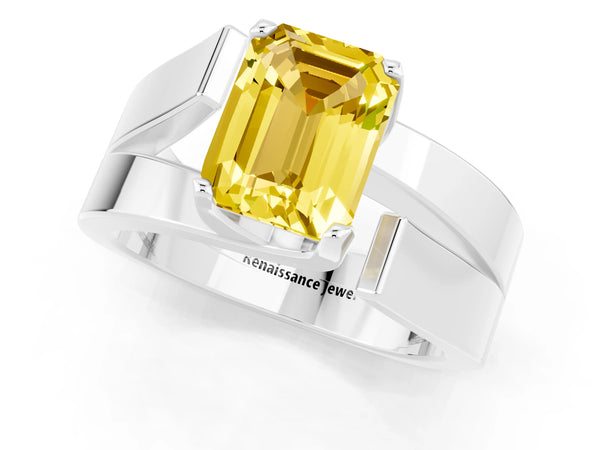 Platinum Modern Tension Set Emerald Cut Yellow Sapphire Solitaire Wide Band Ring