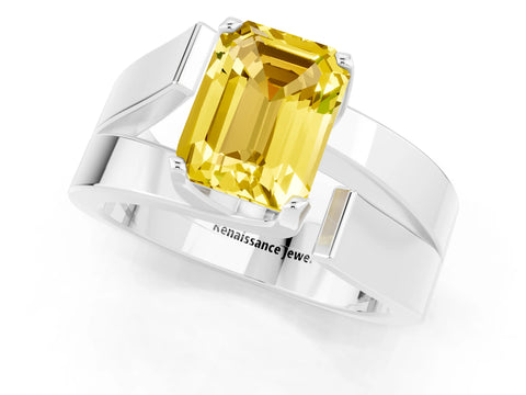 White gold Modern Tension Set Emerald Cut Yellow Sapphire Solitaire Wide Band Ring_13