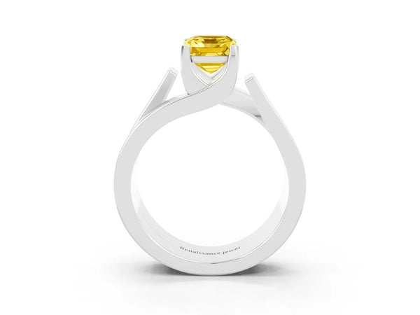 White gold Modern Tension Set Emerald Cut Yellow Sapphire Solitaire Wide Band Ring