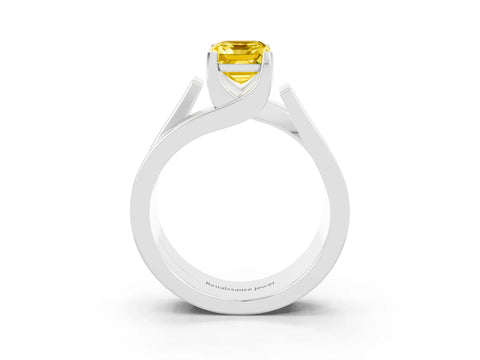 White gold Modern Tension Set Emerald Cut Yellow Sapphire Solitaire Wide Band Ring_15