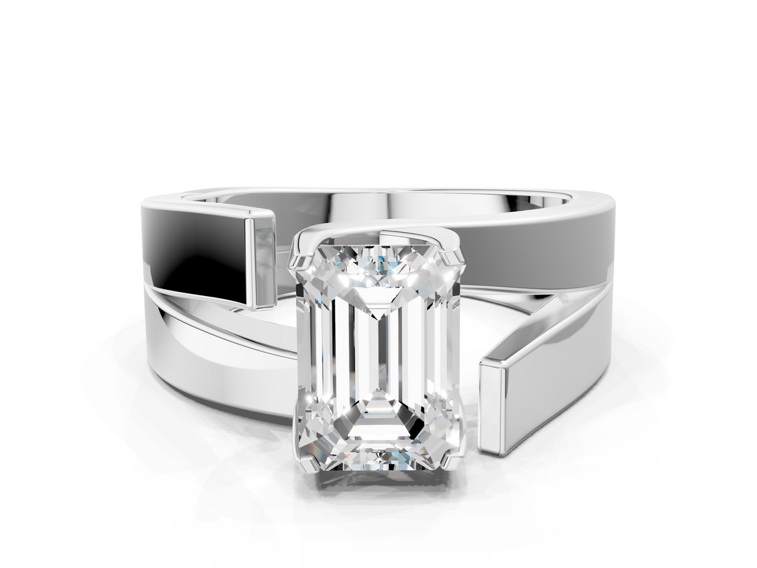 White gold Modern Tension Set Emerald Solitaire Wide Band Ring_193