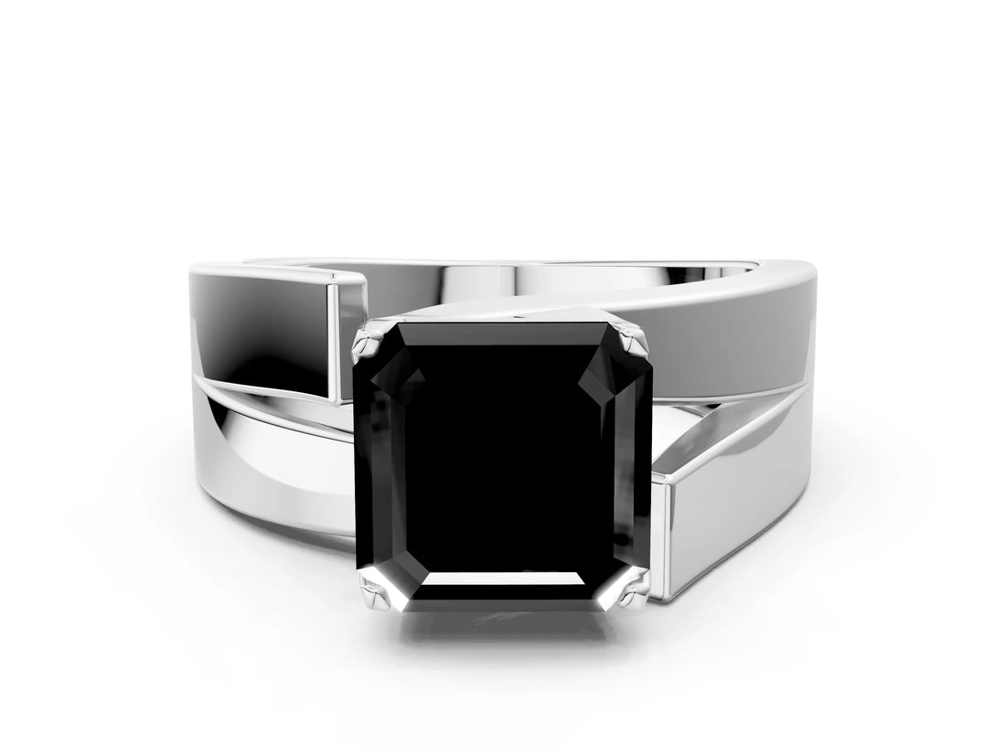 White gold Modern Tension Set Fancy Black Asscher Cut Solitaire Wide Band Ring