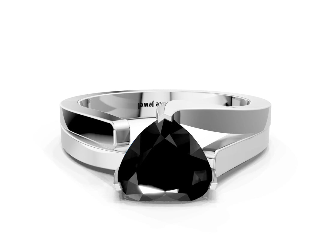 White gold Modern Tension Set Fancy Black Heart Cut Solitaire Wide Band Ring