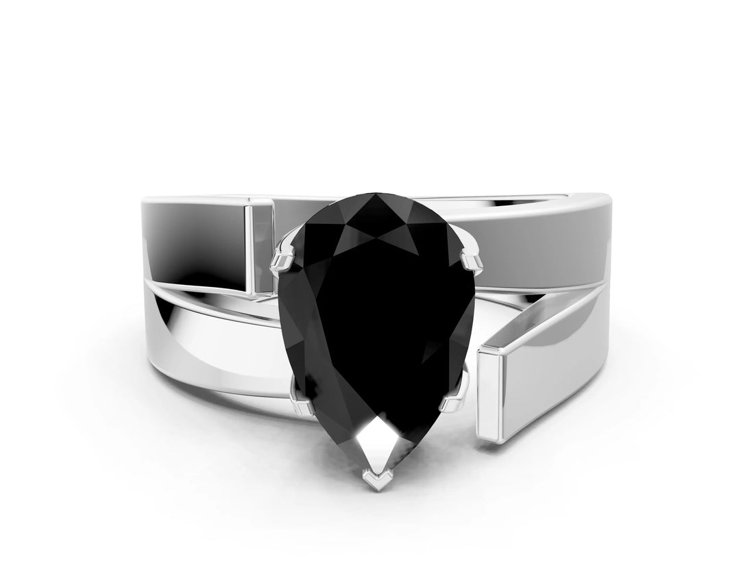 White gold Modern Tension Set Fancy Black Pear Cut Solitaire Wide Band Ring