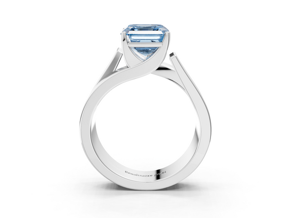 Platinum Modern Tension Set Fancy Blue Asscher Cut Diamond Solitaire Wide Band Ring