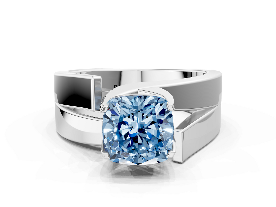 White gold Modern Tension Set Fancy Blue Cushion  Solitaire Wide Band Ring_62