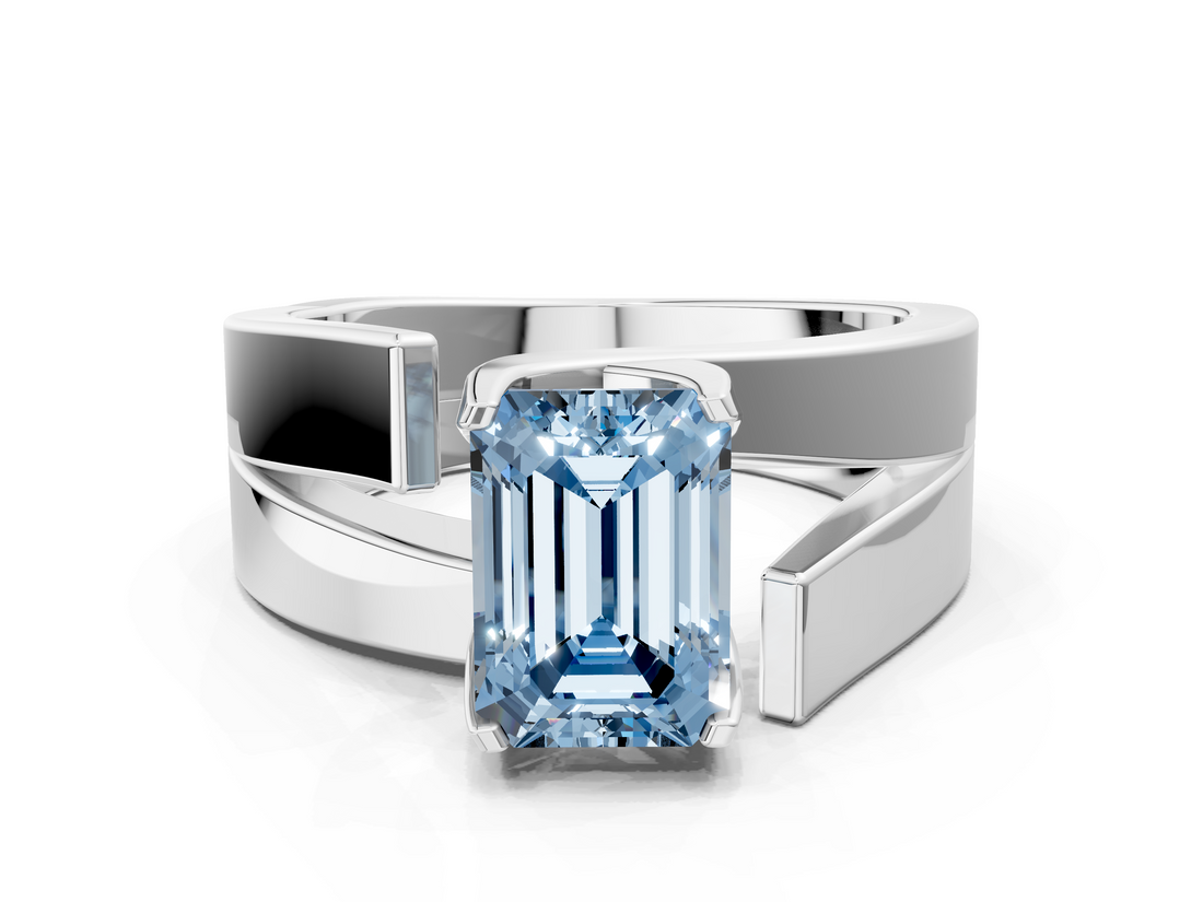 White gold Modern Tension Set Fancy Blue Emerald  Solitaire Wide Band Ring_196