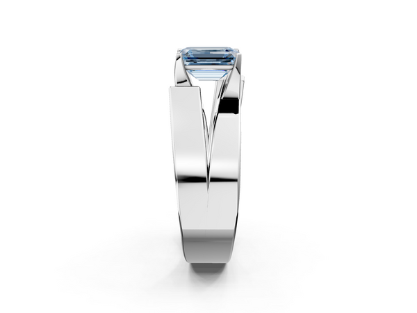 Platinum Modern Tension Set Fancy Blue Emerald Cut Diamond Solitaire Wide Band Ring